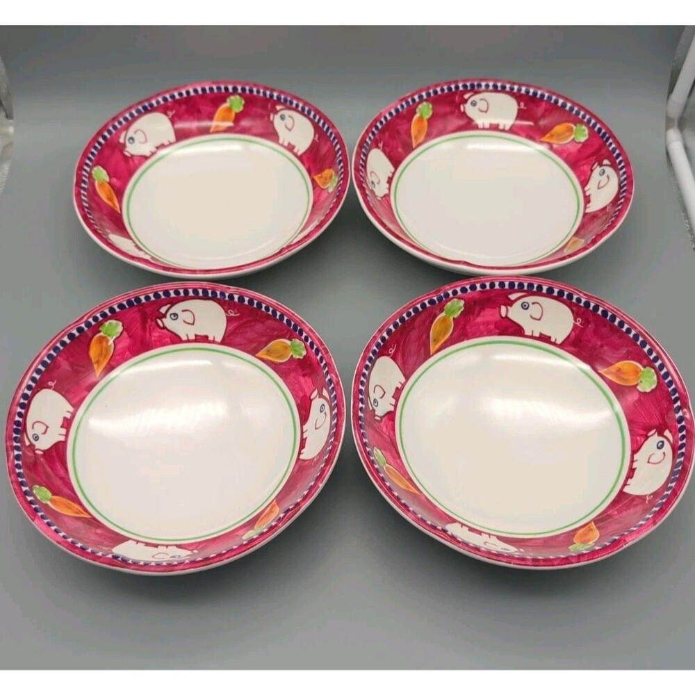 Vietri Melamine Campagna Pasta Bowls 4 Porco Red Pigs Carrots Italy Swine New